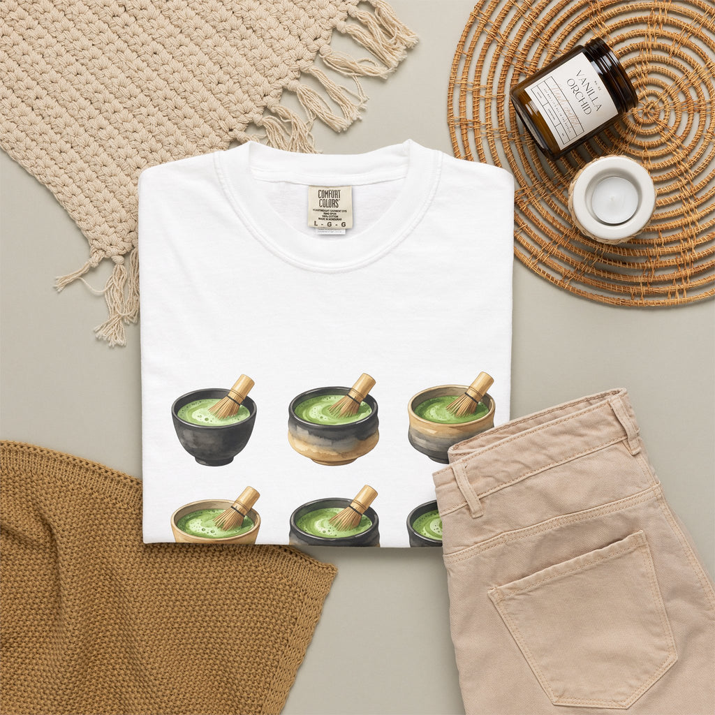 Green Tea Bowls T-Shirt Drinks Infusion Gift Women Gouache T-Shirt Tea Bowls T-Shirt Beverage Fan Watercolor T-Shirt Steeped Graphic Simple Wooden
