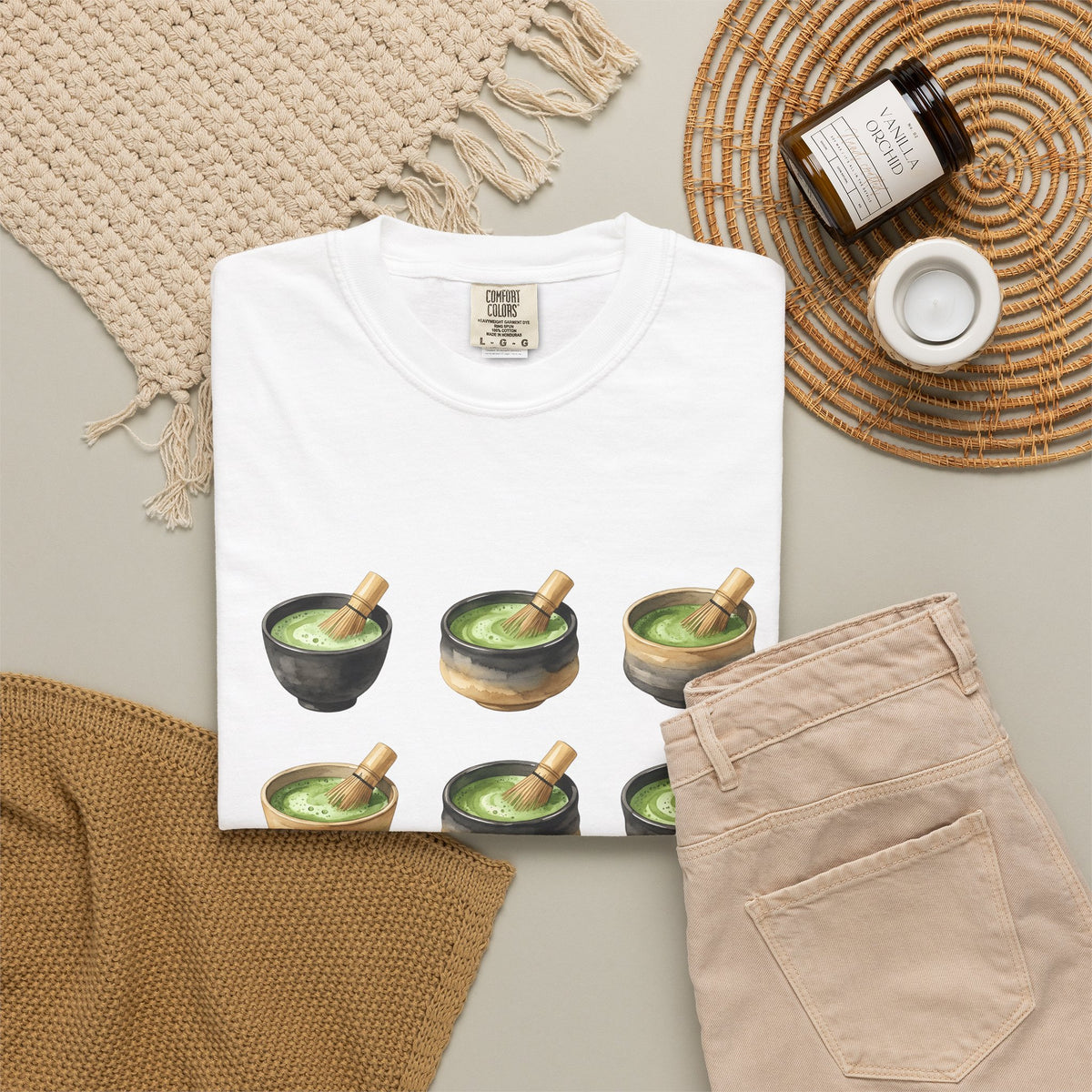 Green Tea Bowls T-Shirt Drinks Infusion Gift Women Gouache T-Shirt Tea Bowls T-Shirt Beverage Fan Watercolor T-Shirt Steeped Graphic Simple Wooden