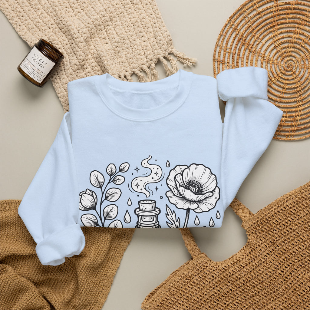 Magic Bottle Sweatshirt Halloween Spells Gift Women Sketch Sweatshirt Genie Bottle Sweatshirt Horror Fan Mystic Drawing Graphic Retro Flower Sweatshirt