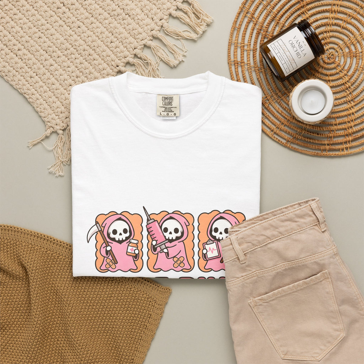 Lovable Reaper Figure T-Shirt Nurses Wellness Gift Women Manga T-Shirt Grim Reaper T-Shirt Nurse Enthusiast Anime T-Shirt Health Graphic Design