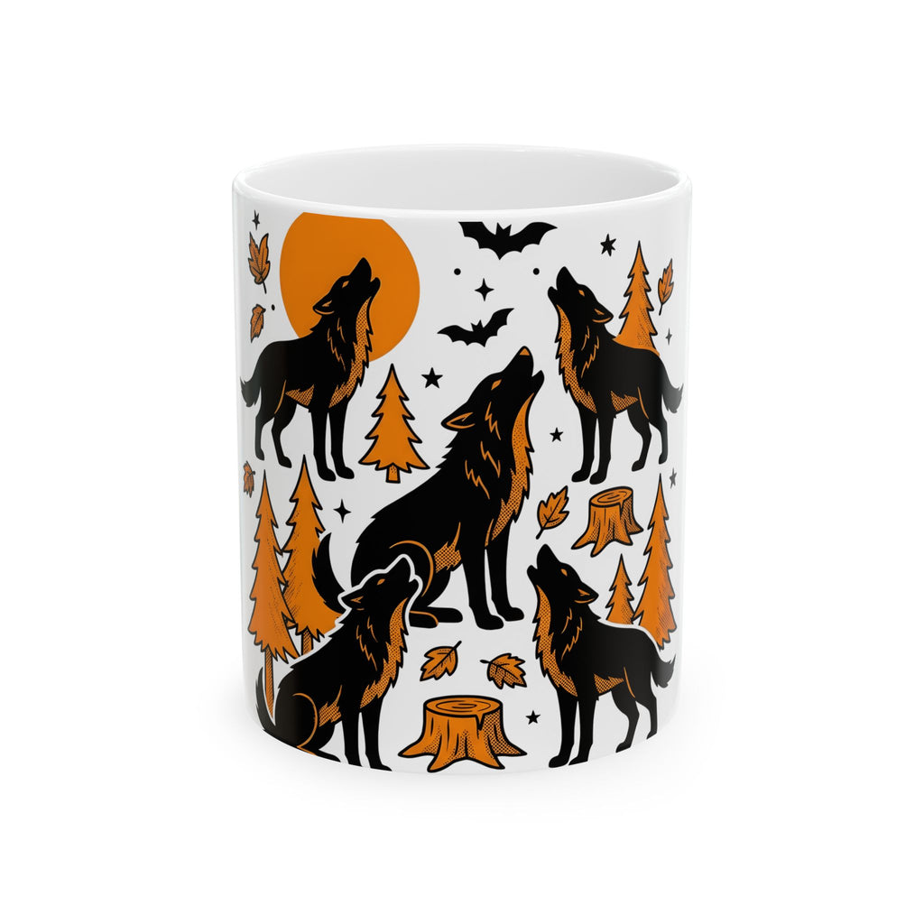 Wolf Crew Mug Halloween Fauna Gift Women Minimalist Mug Wolf Pack Mug Horror Fan Werewolf Mug Wildlife Graphic Sketch Bats Flying