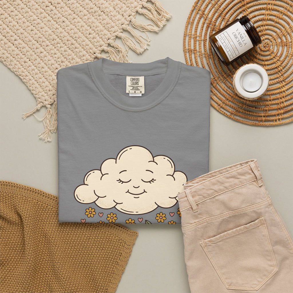 Joyful Cloud T-Shirt Boho Chic Encouragement Gift Women Cartoon T-Shirt Cloud T-Shirt Bohemian Fan Illustrated Graphic T-Shirt Hand Drawn Bloom