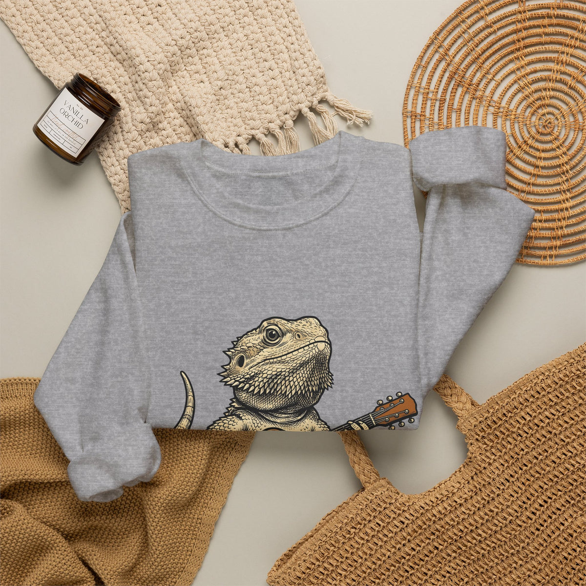 Bearded Lizard Guitar Sweatshirt Boho Chic Gear Gift Women Cartoon Sweatshirt Bearded Dragon Sweatshirt Bohemian Fan Comic Sweatshirt Equipment Graphic Hand