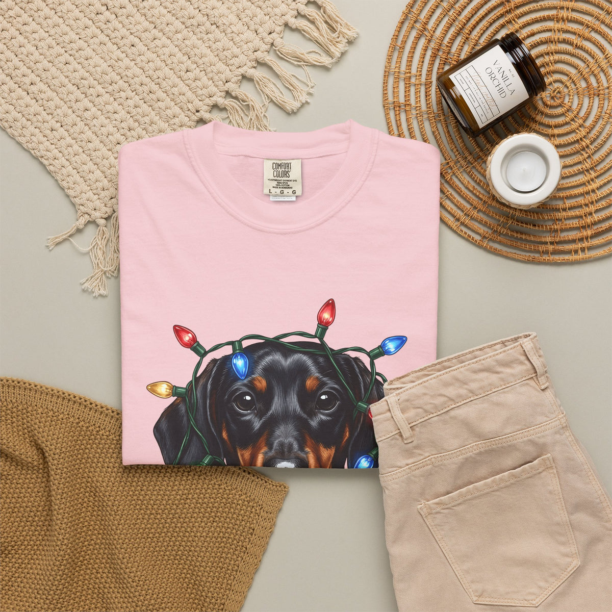 Dachshund Dog T-Shirt Dog Holiday Gift Women Realistic T-Shirt Wiener Dog T-Shirt Dog Fan Photorealistic T-Shirt Christmas Graphic Hand Drawn