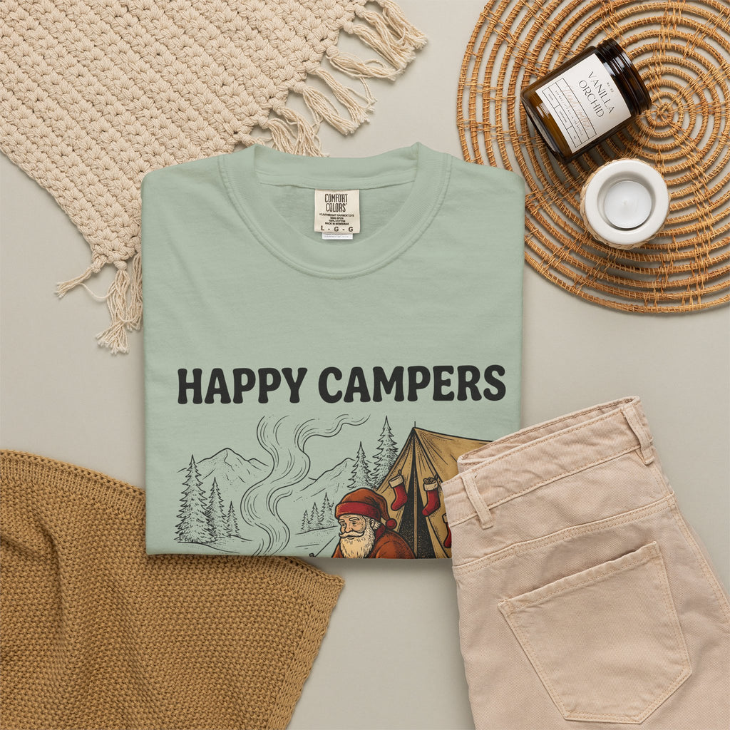 Santa Campfire T-Shirt Christmas Hiking Gift Women Rustic T-Shirt Krampus T-Shirt Xmas Fan Holiday Trek Graphic T-Shirt Line Art Camping Tent
