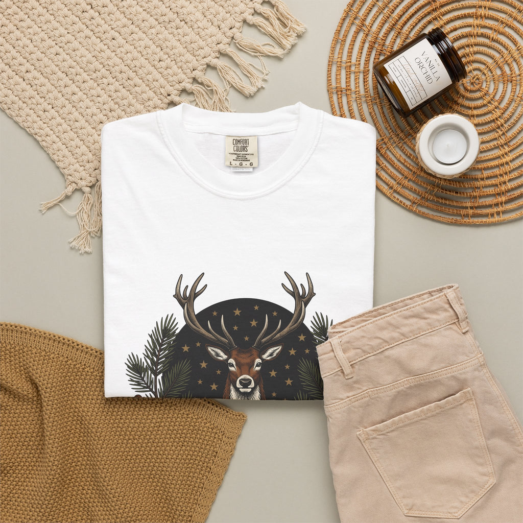 Elk Design T-Shirt Woodland Festive Gift Women Old School T-Shirt Moose T-Shirt Forest Fan Vintage T-Shirt Holiday Graphic Outline Pine Cone T-Shirt