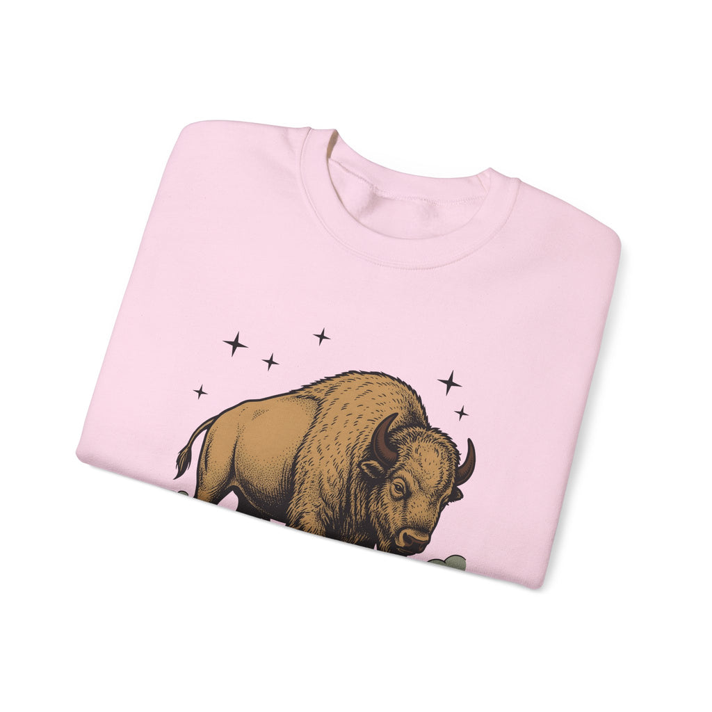 Buffalo Art Sweatshirt Animal Environment Gift Women Rustic Sweatshirt Bison Sweatshirt Wildlife Fan Primitive Sweatshirt Eco Graphic Line Art Star Symbols