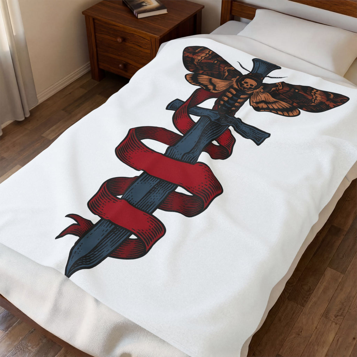 Death Moth Dagger Blanket Boho Chic Gothic Gift Women Tattoo Blanket Dagger Blanket Bohemian Fan Ink Blanket Dark Graphic Vintage Ribbon Blanket