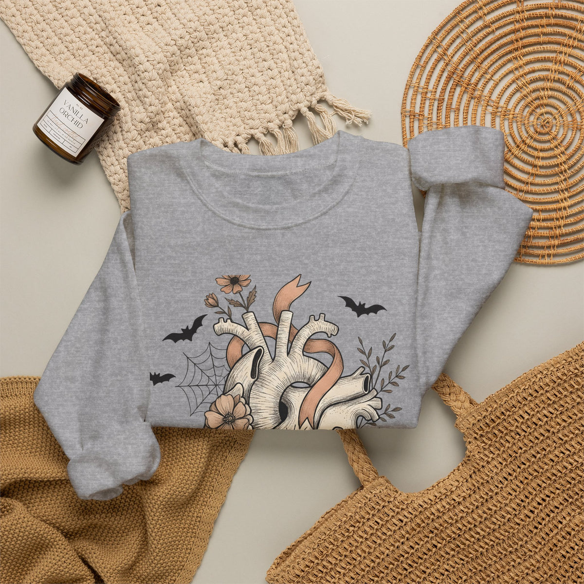 Anatomical Heart Sweatshirt Halloween Gothic Gift Women Tattoo Art Sweatshirt Cardiac Sweatshirt Horror Fan Ink Sweatshirt Dark Graphic Vintage Bats Sweatshirt