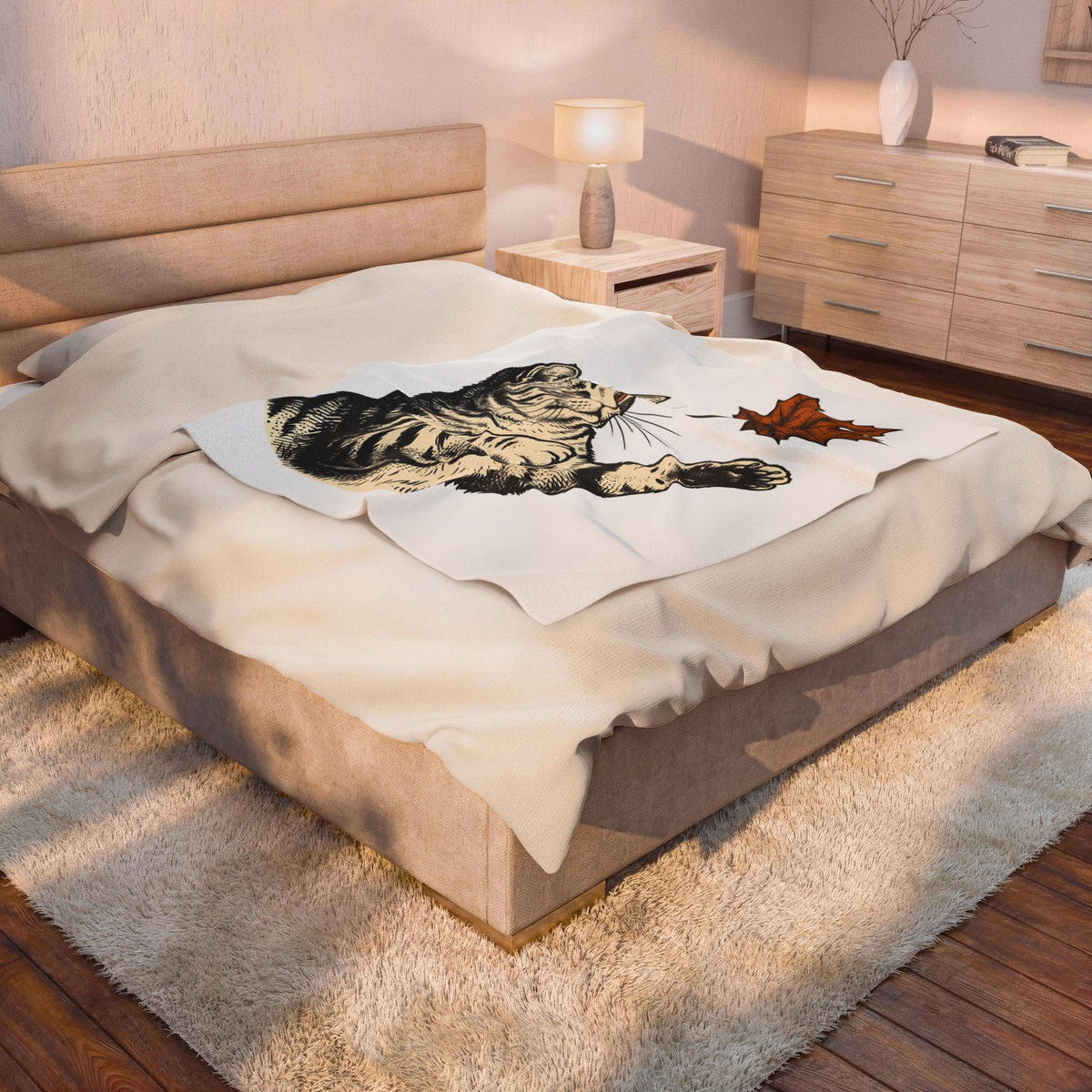 Tabby Cat Blanket Cat Autumn Gift Women Vintage Blanket Kitty Blanket Feline Fan Retro Blanket Fall Graphic Hand Drawn Maple Leaf Blanket