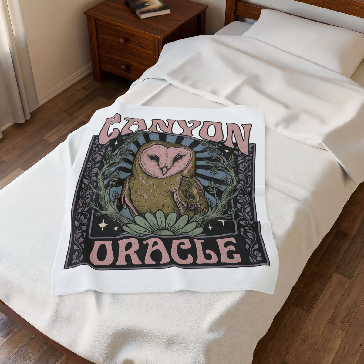 Barn Owl Boho Chic Fauna Gift Hand Drawn Owl Bohemian Fan Illustrated Colorful Blossom Blanket