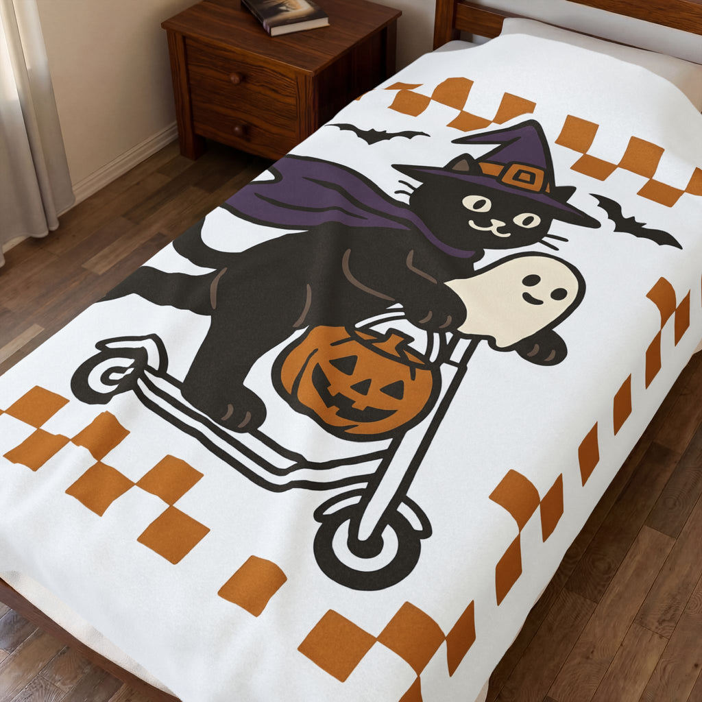 Witch Kitty Design Blanket Cat Holiday Gift Women Cute Blanket Cat Lady Blanket Feline Fan Kawaii Blanket Halloween Graphic Vintage Jack-O-Lantern