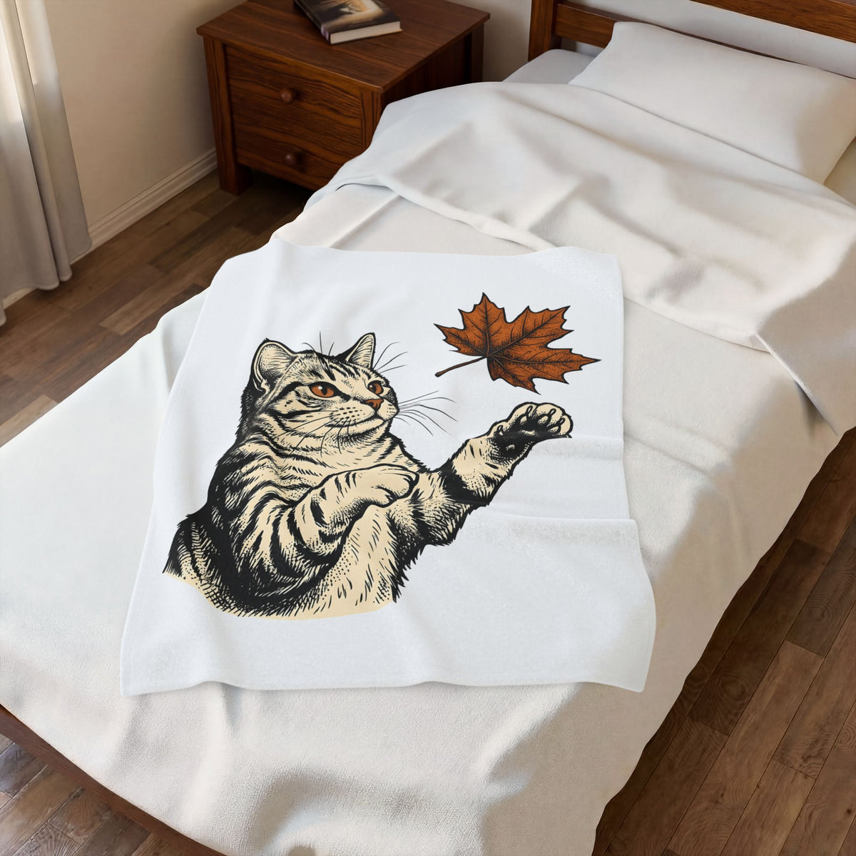 Tabby Cat Blanket Cat Autumn Gift Women Vintage Blanket Kitty Blanket Feline Fan Retro Blanket Fall Graphic Hand Drawn Maple Leaf Blanket
