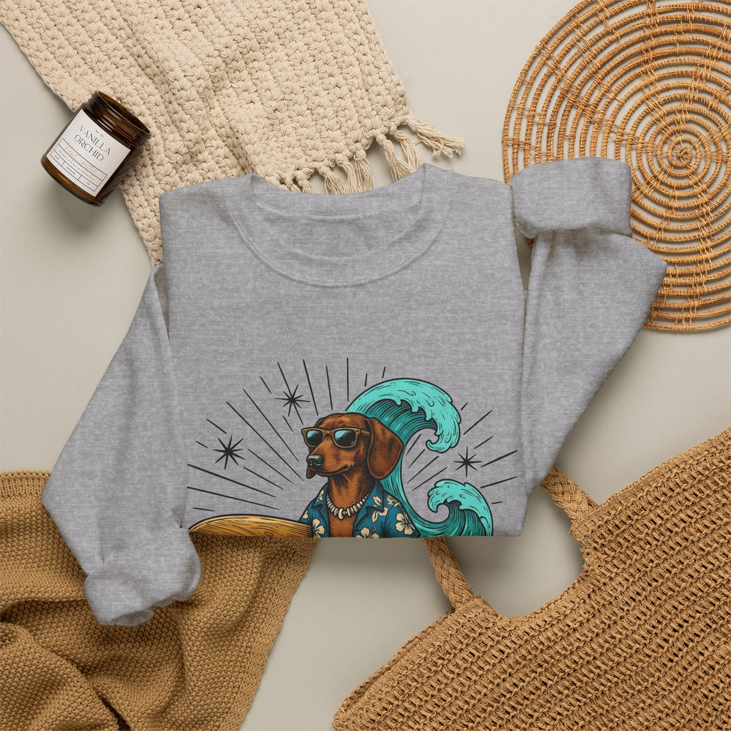Dachshund Surfer Sweatshirt Dog Holiday Gift Women Animated Sweatshirt Wiener Dog Sweatshirt Dog Fan Cartoon Sweatshirt Vacation Graphic Retro Surfboard Sweatshirt