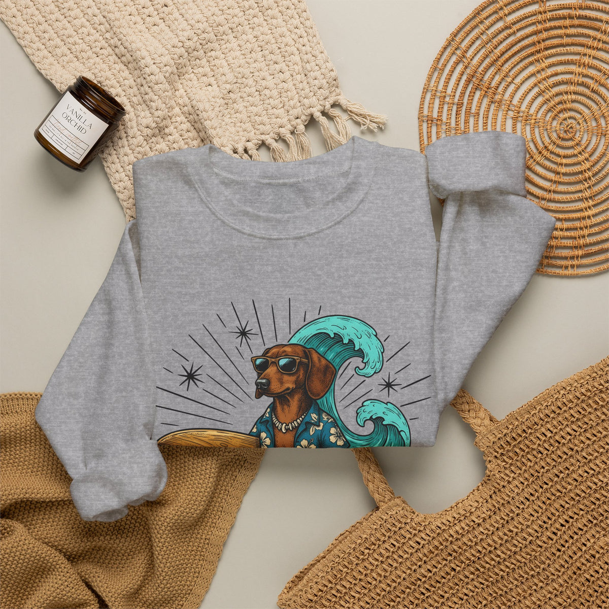 Dachshund Surfer Sweatshirt Dog Holiday Gift Women Animated Sweatshirt Wiener Dog Sweatshirt Dog Fan Cartoon Sweatshirt Vacation Graphic Retro Surfboard Sweatshirt