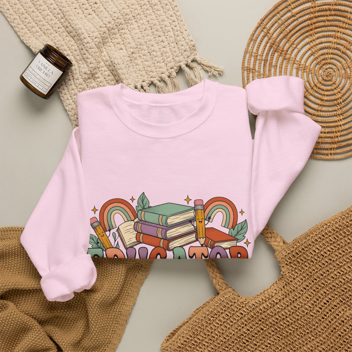 Books Pencils Sweatshirt Teacher School Gift Women Cartoon Sweatshirt Stationery Sweatshirt Educator Enthusiast Comic Sweatshirt Classroom Graphic Retro