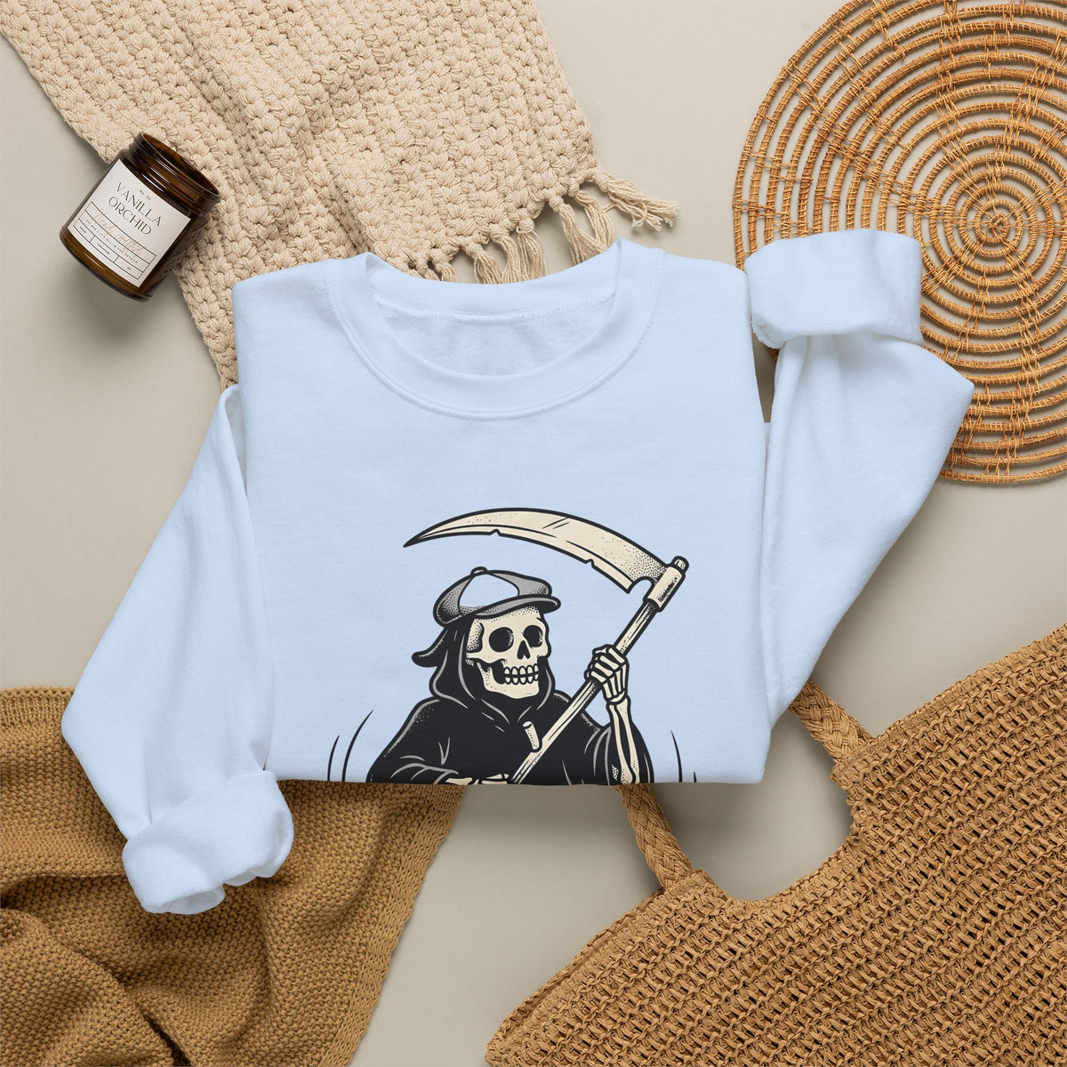 Reaper Skull Sweatshirt Halloween Cranium Gift Women Animated Sweatshirt Grim Reaper Sweatshirt Horror Fan Death Skull Graphic Sweatshirt Old School Sickle