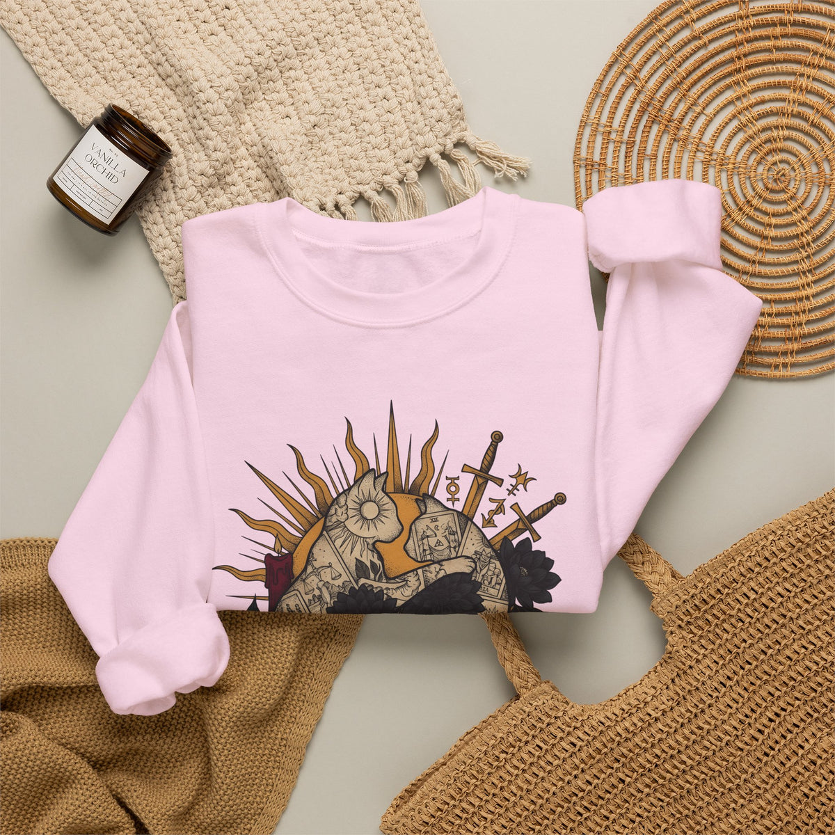 Oracle Cat Sweatshirt Cat Magic Gift Women Ink Sweatshirt Kitty Cat Sweatshirt Feline Fan Tattoo Sweatshirt Mystical Graphic Classic Dark Blossoms Sweatshirt
