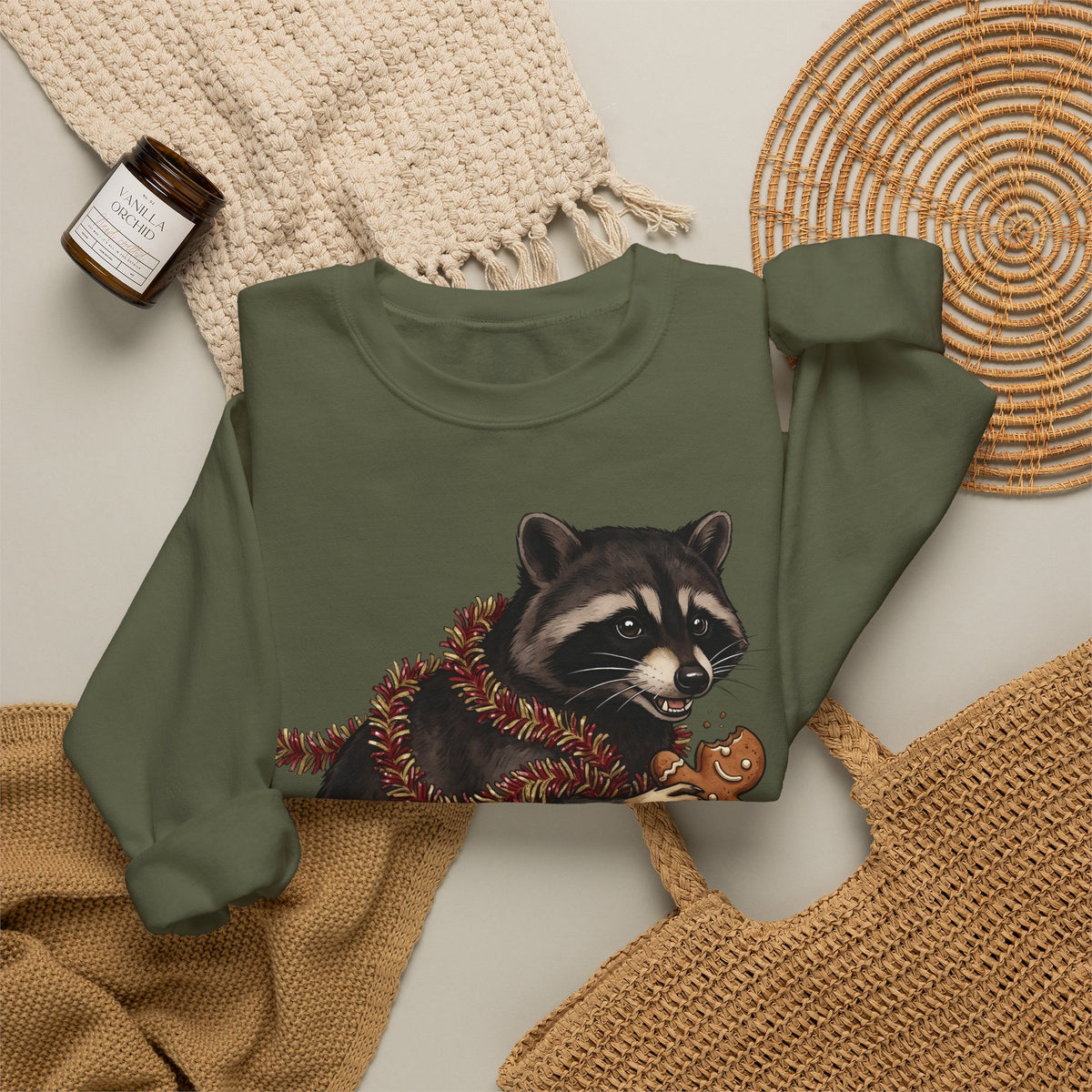 Raccoon Graphic Sweatshirt Christmas Animal Gift Women Cute Sweatshirt Trash Panda Sweatshirt Xmas Fan Wildlife Graphic Illustration Hand Drawn Gingerbread
