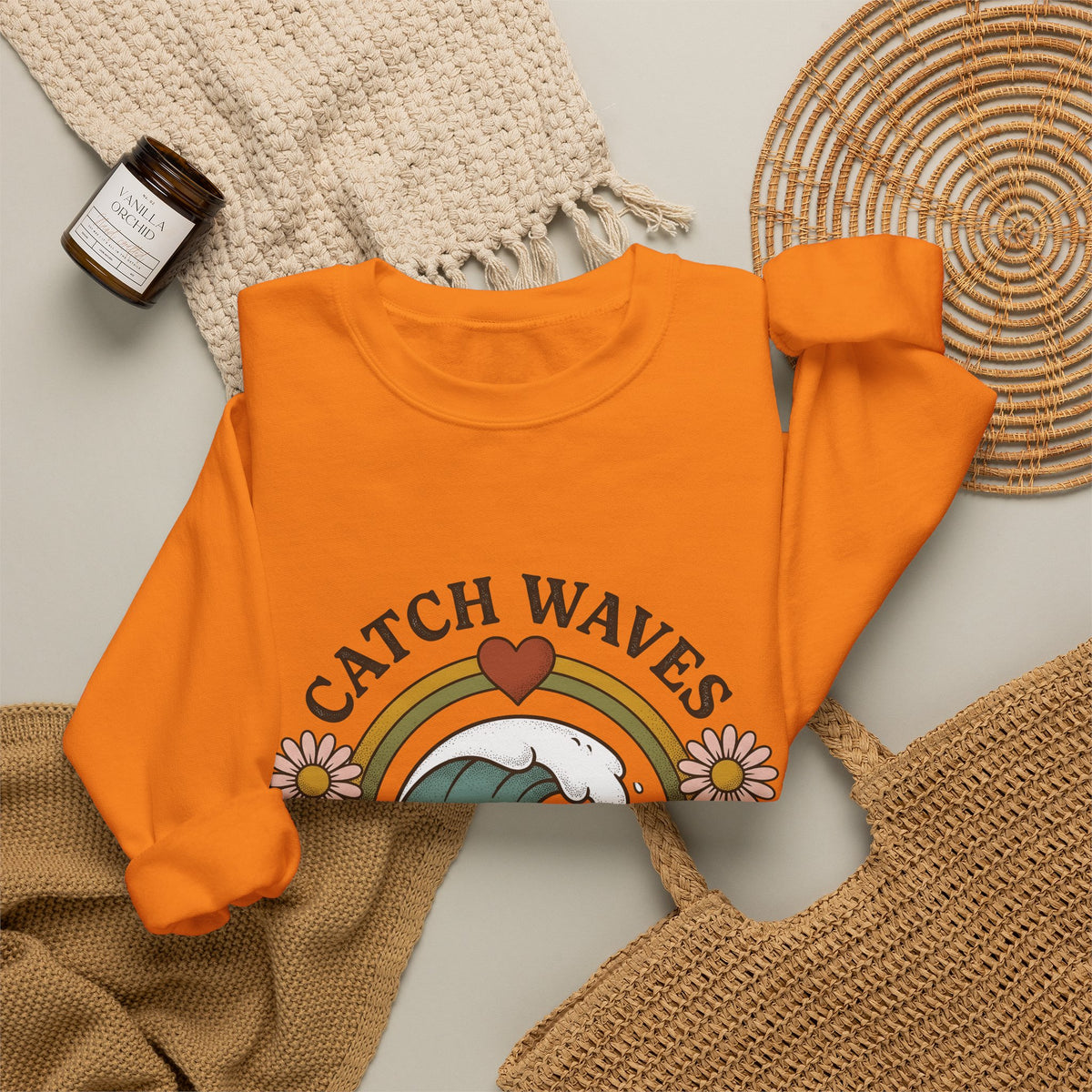 Happy Wave Sweatshirt Sports Beach Gift Women Vintage Sweatshirt Wave Sweatshirt Athlete Fan Surf Graphic Sweatshirt Hand Drawn Wildflowers Sweatshirt