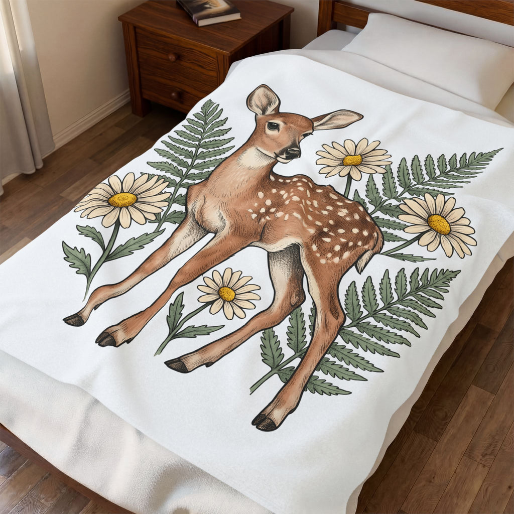 Deer Illustration Blanket Boho Chic Outdoor Gift Women Floral Blanket Fawn Blanket Bohemian Fan Botanical Blanket Wilderness Graphic Retro Flower