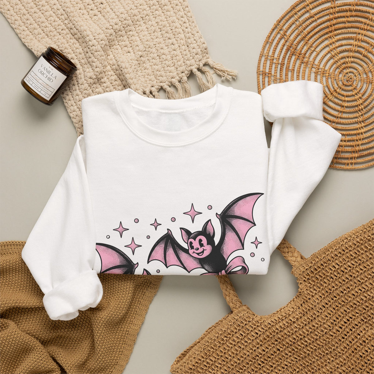 Sweet Bats Sweatshirt Halloween Horror Gift Women Chibi Sweatshirt Flying Fox Sweatshirt Spooky Fan Creepy Sweatshirt Horror Graphic Old School Hair Bows