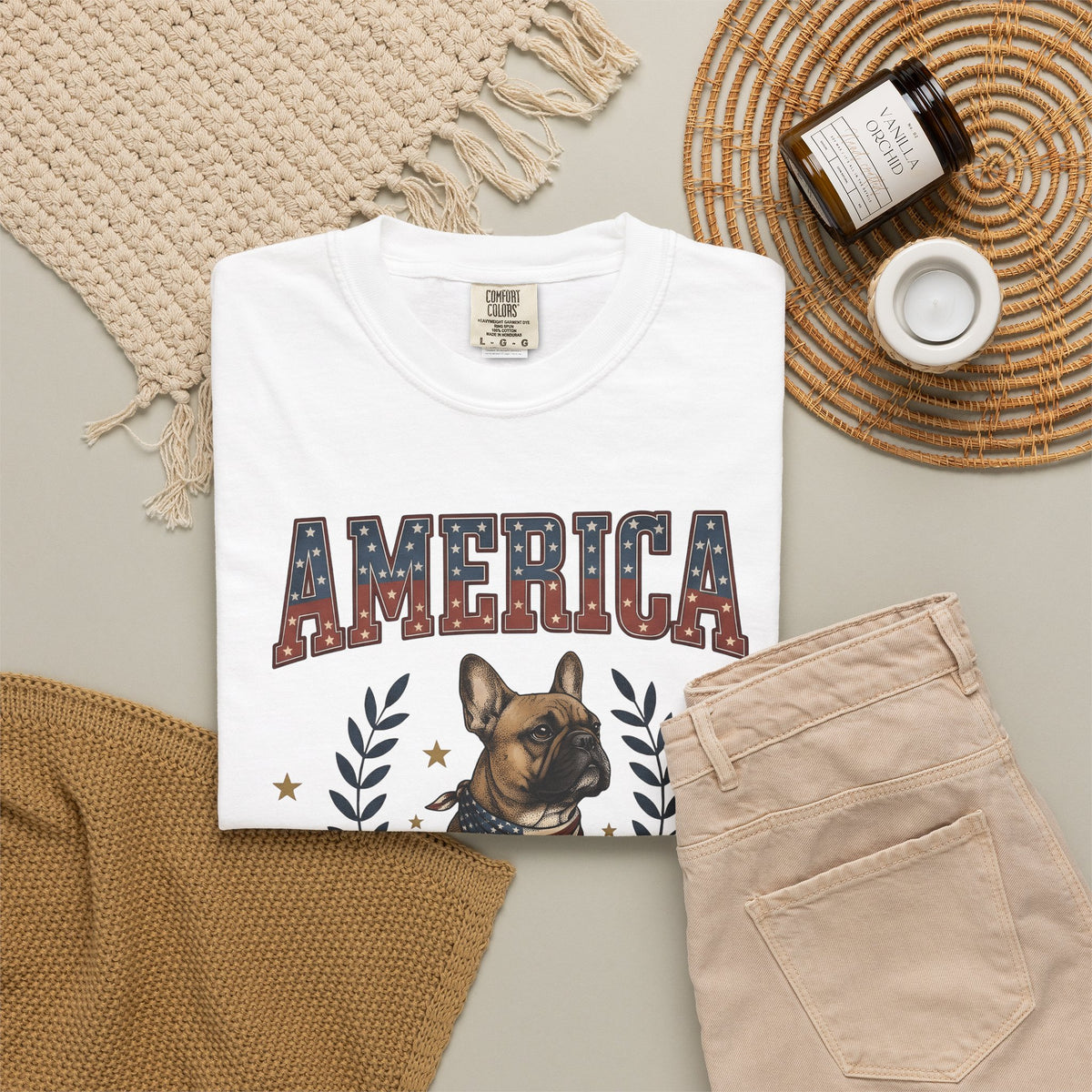 French Bulldog T-Shirt America Patriotic Gift Women Vintage T-Shirt Bouledogue T-Shirt American Fan Retro Illustration Graphic Retro Stars T-Shirt