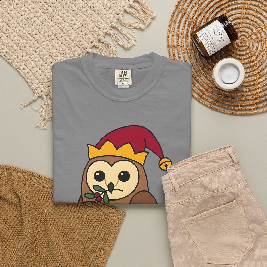 Owl Print T-Shirt Christmas Fauna Gift Women Playful T-Shirt Owl T-Shirt Christmas Fan Hoot Graphic Wildlife Illustration Fun Pine T-Shirt