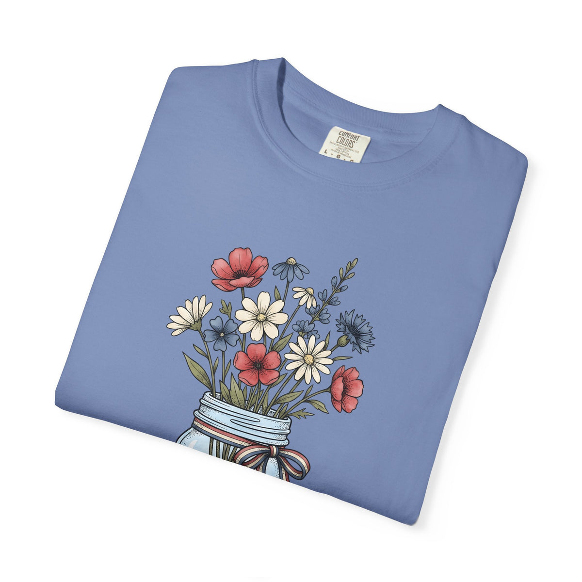 Mason Jar Flowers T-Shirt 4th Of July Floral Gift Women Hand Drawn T-Shirt Flower Arrangement T-Shirt Independence Day Fan Floral Graphic T-Shirt