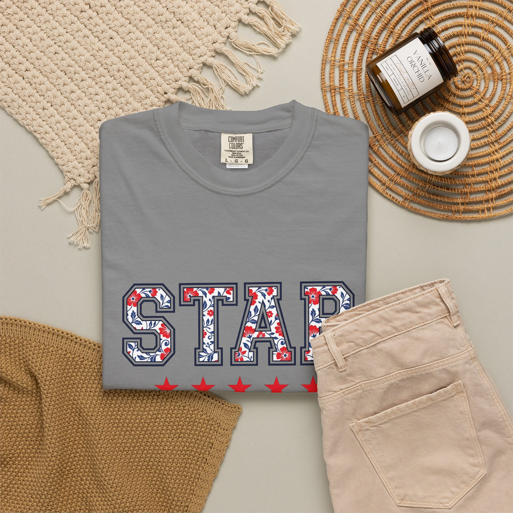 Floral Varsity Letters T-Shirt 4th Of July Summer Gift Women Patriotic T-Shirt Letterman T-Shirt Independence Fan American T-Shirt Seasonal Graphic