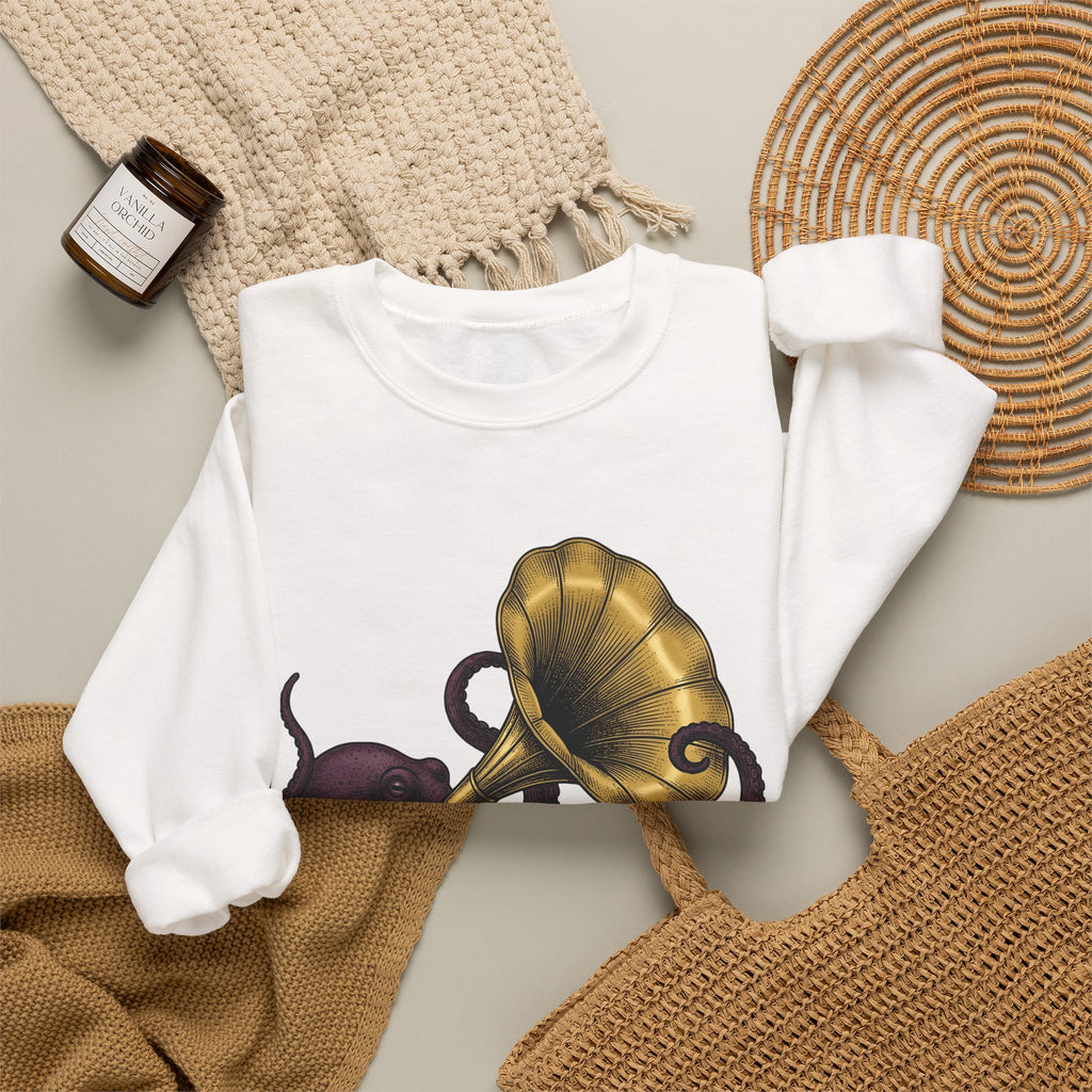 Octopus Phonograph Sweatshirt Animal Sound Gift Women Classic Sweatshirt Gramophone Sweatshirt Pet Fan Retro Sweatshirt Audio Graphic Doodle Music Player