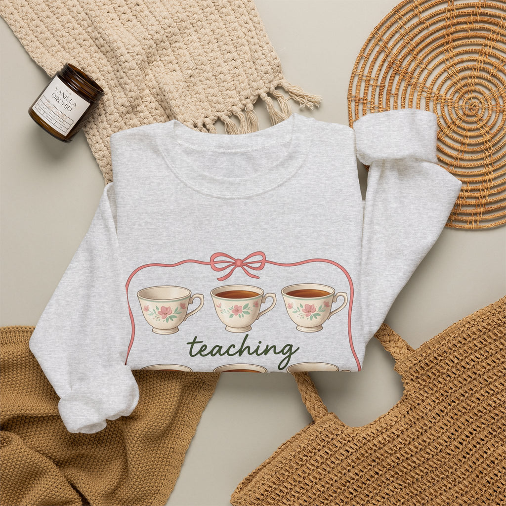 Floral Teacup Sweatshirt Teachers Coffee Gift Women Vintage Sweatshirt Teacup Sweatshirt Educator Enthusiast Retro Sweatshirt Caffeine Graphic Hand Drawn Bow