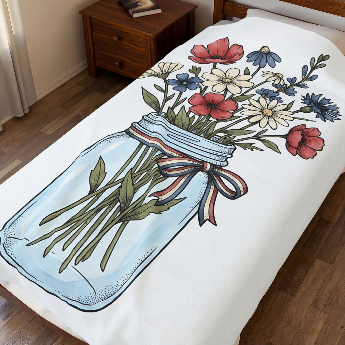 Mason Jar Flowers Blanket 4th Of July Floral Gift Women Hand Drawn Blanket Flower Arrangement Blanket Independence Day Fan Floral Graphic Blanket