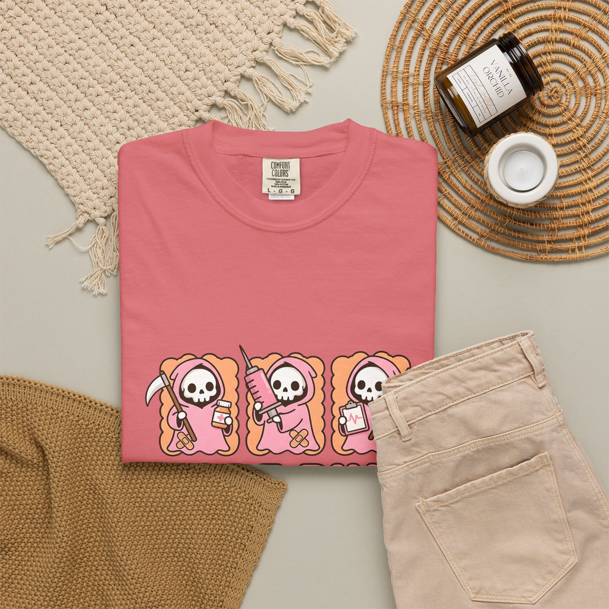 Lovable Reaper Figure T-Shirt Nurses Wellness Gift Women Manga T-Shirt Grim Reaper T-Shirt Nurse Enthusiast Anime T-Shirt Health Graphic Design