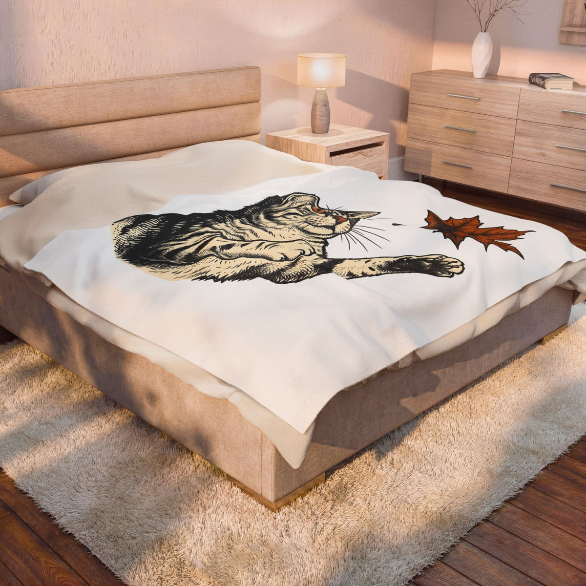 Tabby Cat Blanket Cat Autumn Gift Women Vintage Blanket Kitty Blanket Feline Fan Retro Blanket Fall Graphic Hand Drawn Maple Leaf Blanket