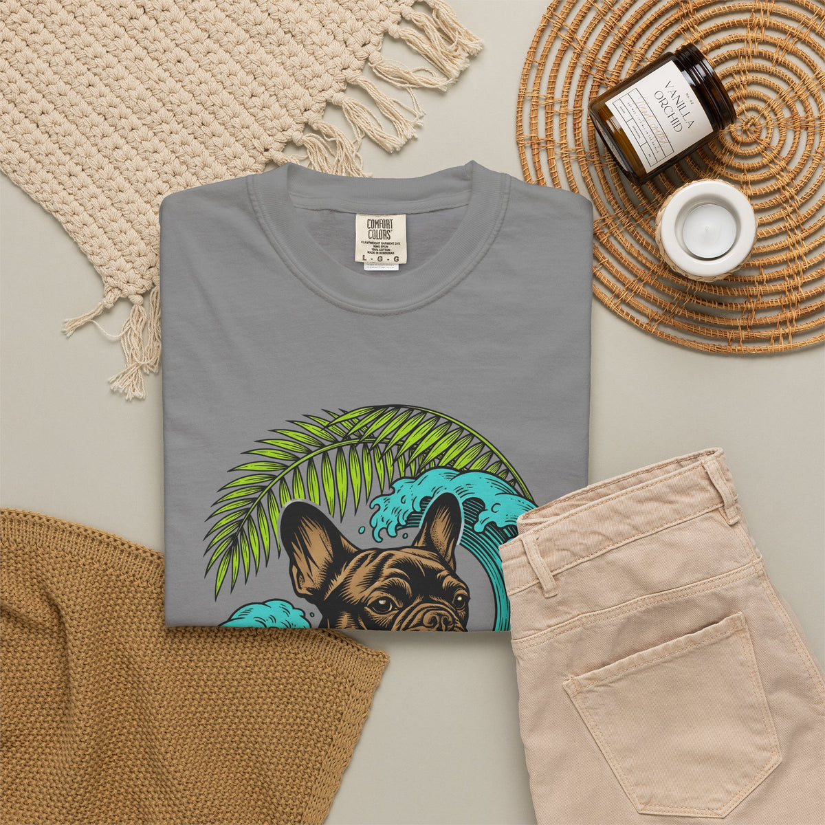French Bulldog T-Shirt Dog Seaside Gift Women Illustrative T-Shirt Bulldog T-Shirt Dog Fan Frenchie T-Shirt Coastal Graphic Sketch Island Flower