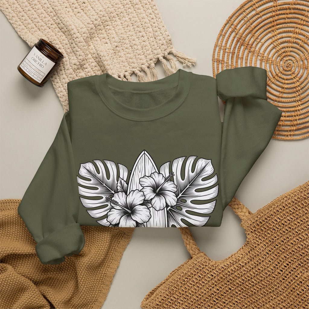 Surfboard Petals Sweatshirt Surfing Shore Gift Women Drawing Sweatshirt Surfboards Sweatshirt Surfer Fan Illustration Graphic Nature Flower Sweatshirt