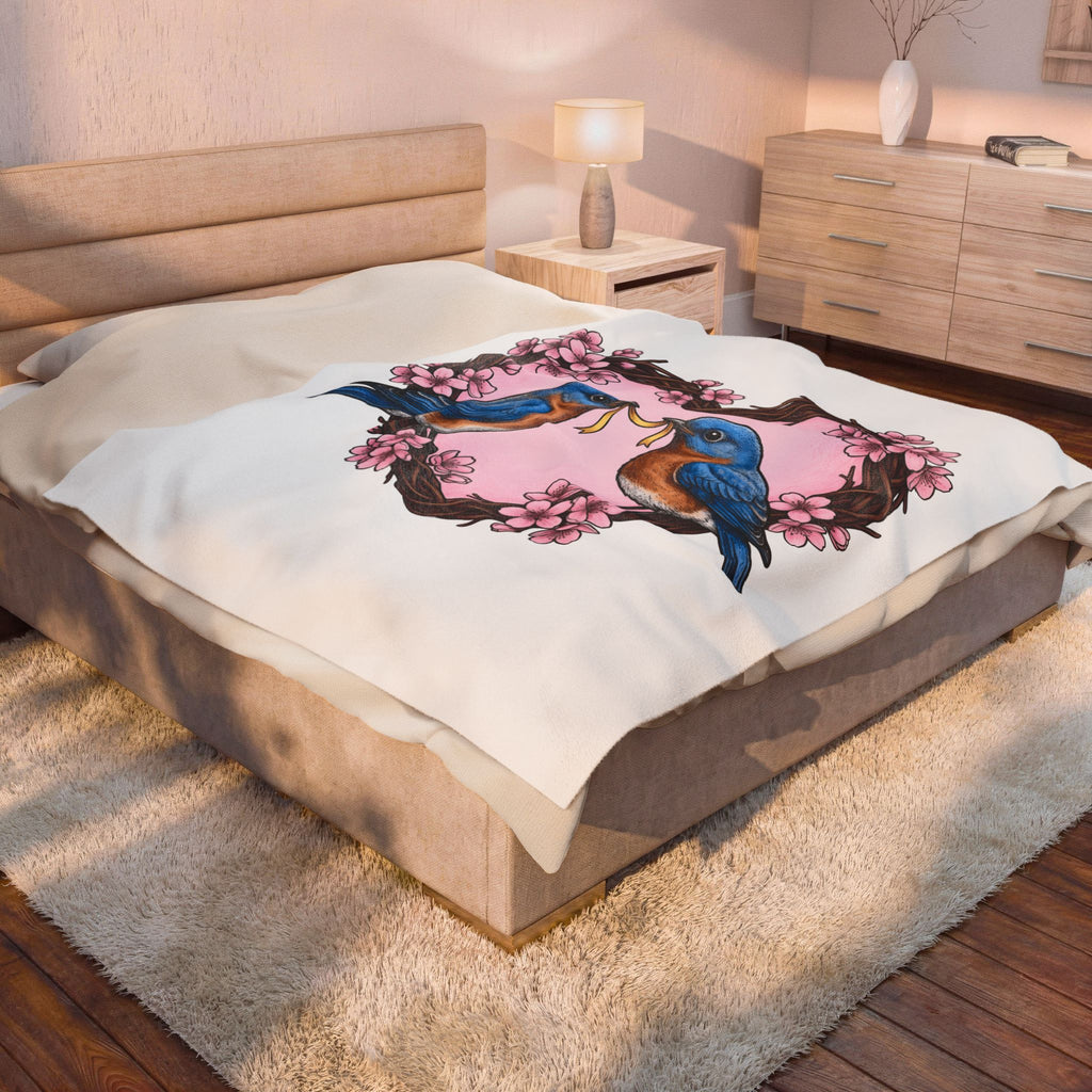 Bluebirds Heart Blanket Cute Romantic Gift Women Hand Drawn Blanket Lovebird Blanket Adorable Fan Illustrated Blanket Amorous Graphic Vintage