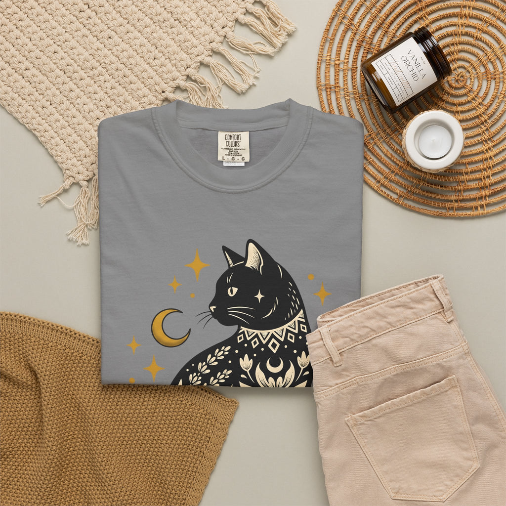 Astral Cat T-Shirt Boho Chic Esoteric Gift Women Ethnic T-Shirt Celestial Cat T-Shirt Bohemian Fan Tribal T-Shirt Mystical Graphic Sleek Moonlight