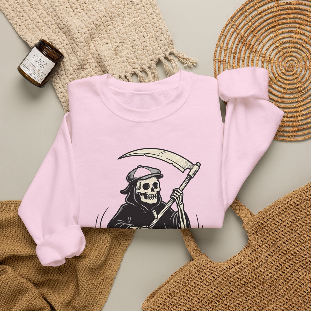 Reaper Skull Sweatshirt Halloween Cranium Gift Women Animated Sweatshirt Grim Reaper Sweatshirt Horror Fan Death Skull Graphic Sweatshirt Old School Sickle