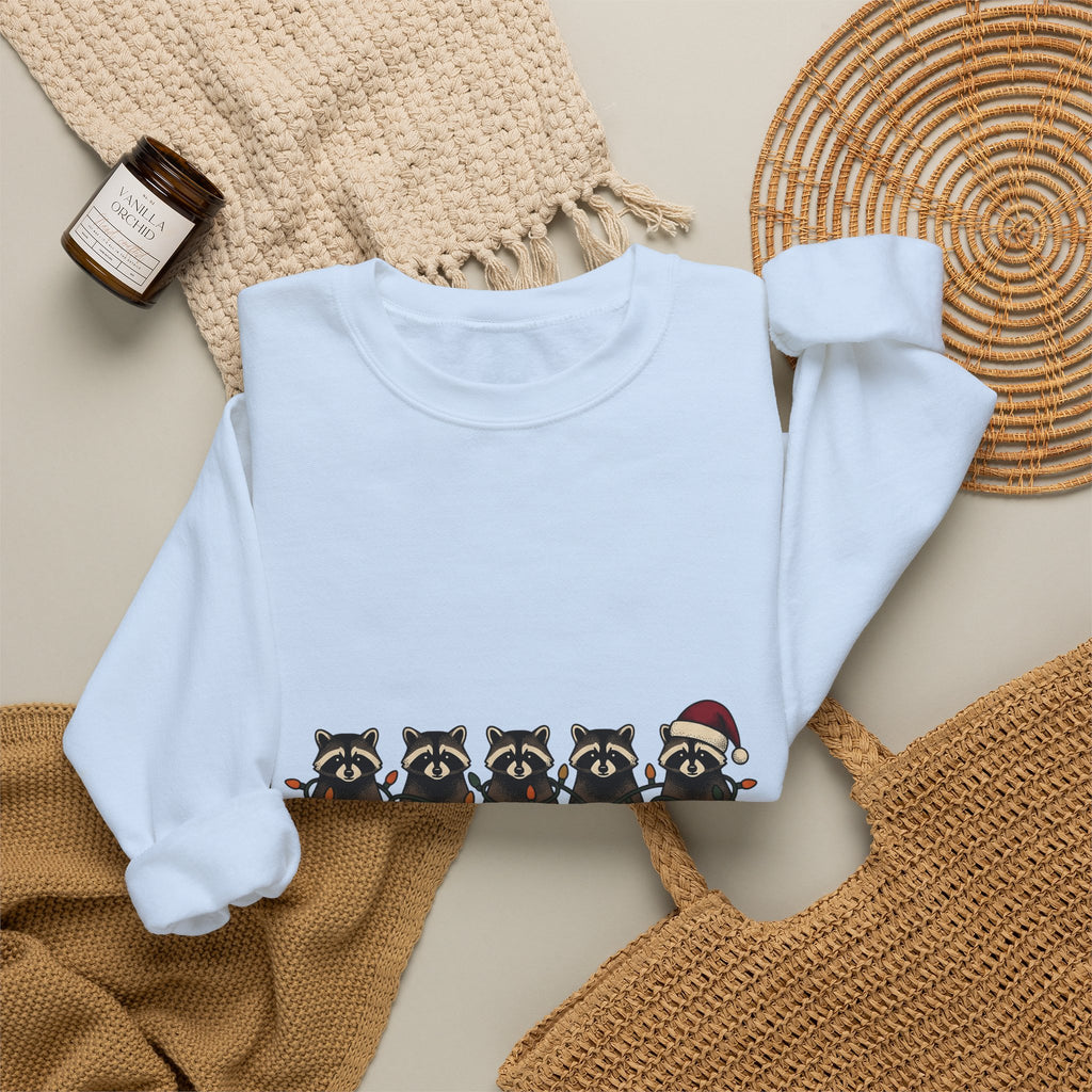 Raccoon Pack Sweatshirt Christmas Wildlife Gift Women Comic Sweatshirt Trash Panda Sweatshirt Xmas Fan Cartoon Sweatshirt Animal Graphic Retro Holiday Lights