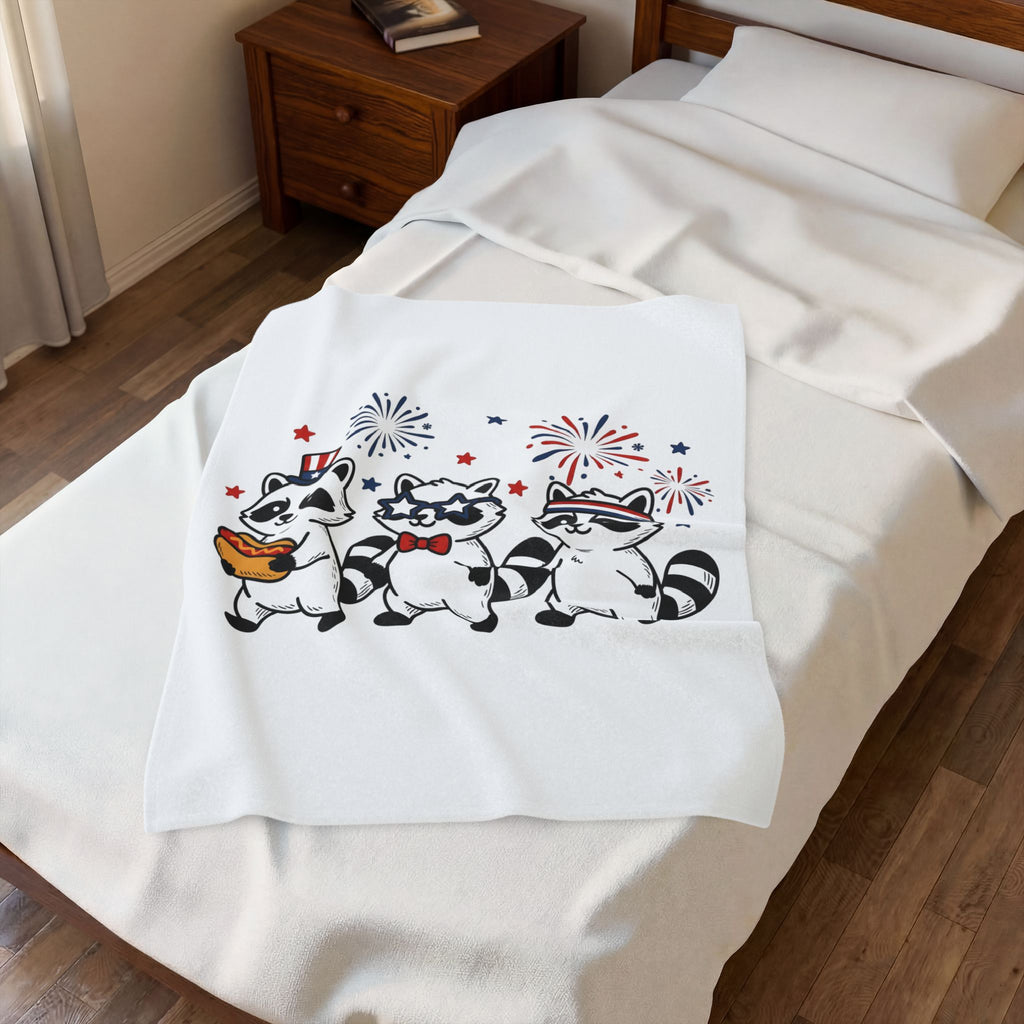 Raccoon Pack Blanket 4th Of July Fauna Gift Women Hand Drawn Blanket Trash Panda Blanket Independence Day Fan Illustrated Blanket Wildlife Graphic
