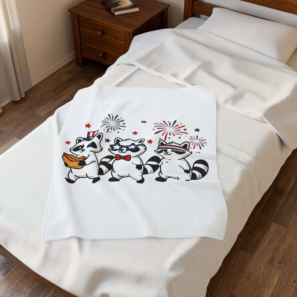 Raccoon Pack Blanket 4th Of July Fauna Gift Women Hand Drawn Blanket Trash Panda Blanket Independence Day Fan Illustrated Blanket Wildlife Graphic