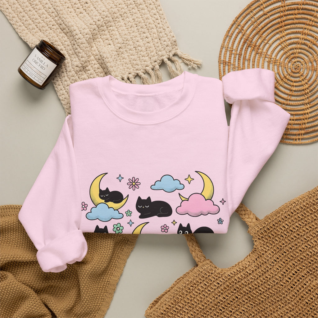 Black Cats Sweatshirt Cat Celestial Gift Women Kawaii Sweatshirt Kitties Sweatshirt Cat Fan Astrology Graphic Sweatshirt Pastel Crescent Moon Sweatshirt