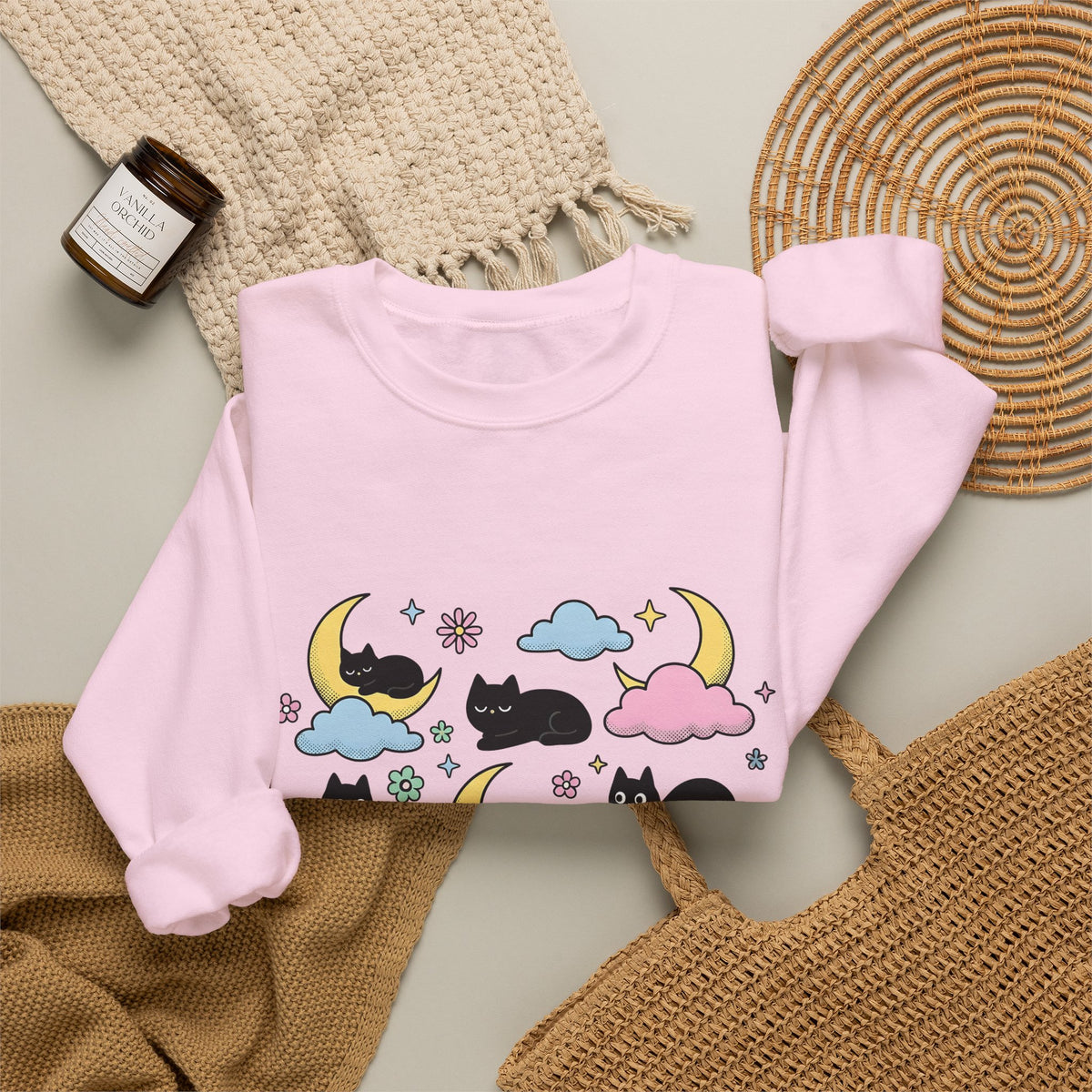 Black Cats Sweatshirt Cat Celestial Gift Women Kawaii Sweatshirt Kitties Sweatshirt Cat Fan Astrology Graphic Sweatshirt Pastel Crescent Moon Sweatshirt