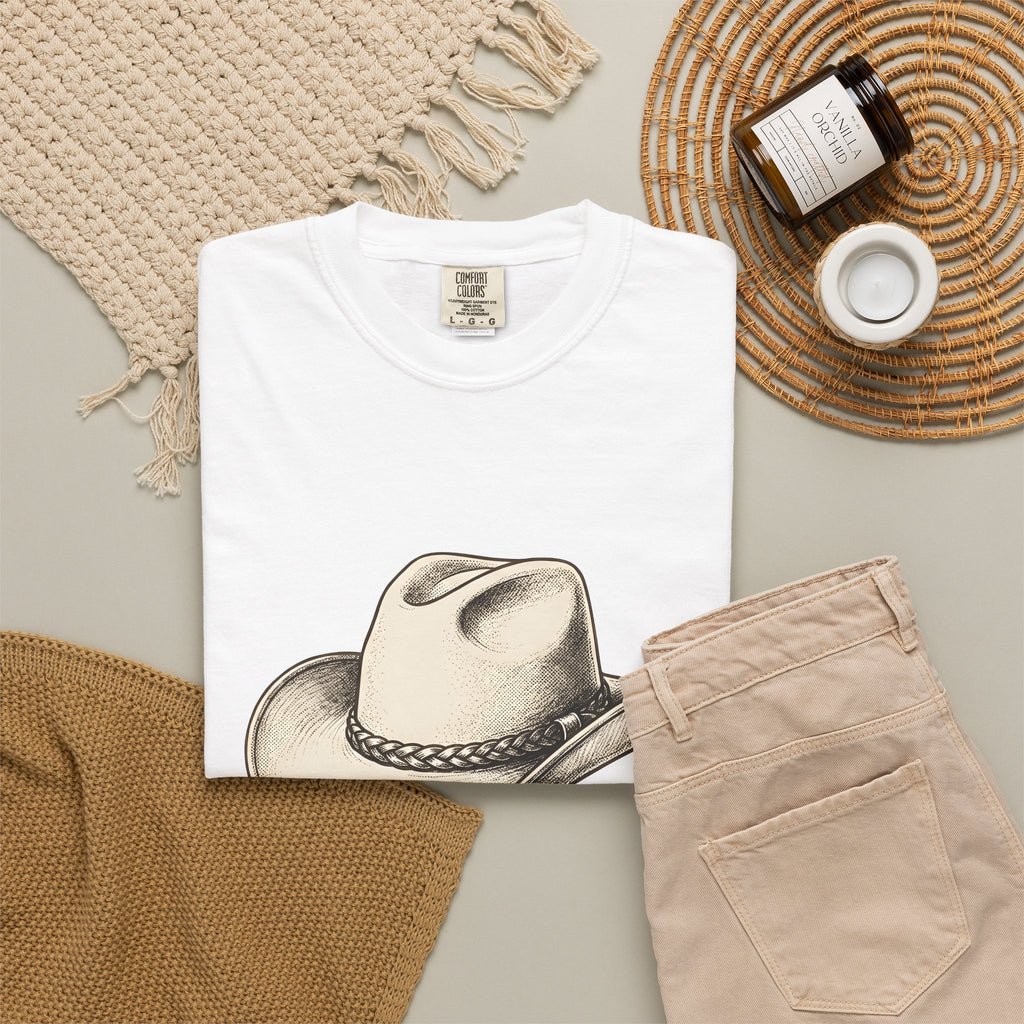 Stetson Hat Cowgirl Rodeo Gift Hand Drawn Cowboy Hat Cowgirl Fan Illustrated Rodeo Cartoon T-Shirt