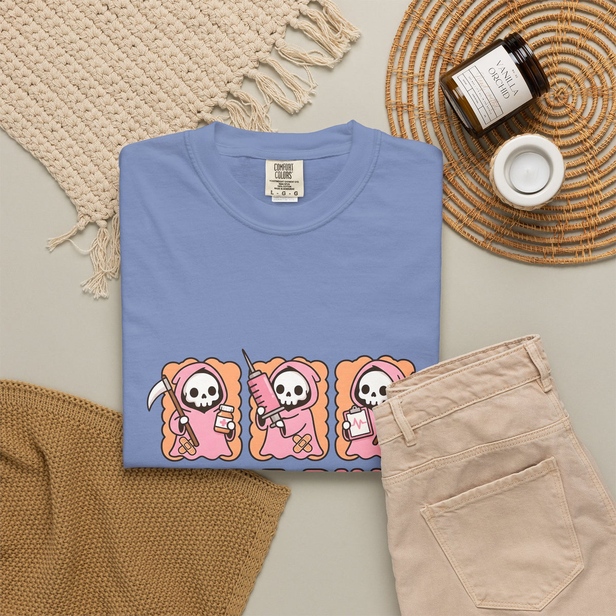 Lovable Reaper Figure T-Shirt Nurses Wellness Gift Women Manga T-Shirt Grim Reaper T-Shirt Nurse Enthusiast Anime T-Shirt Health Graphic Design
