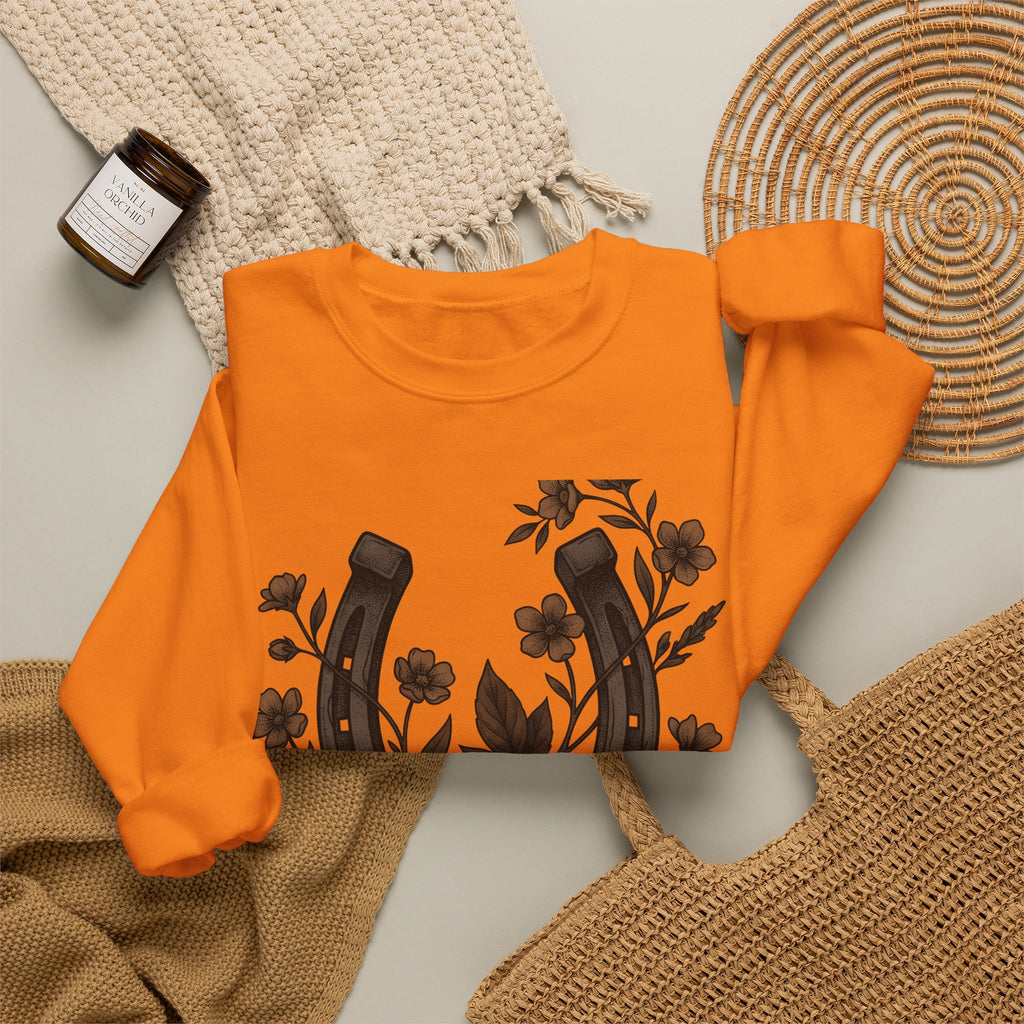 Horseshoe Blossom Sweatshirt Cowgirl Bohemian Gift Women Sketch Sweatshirt Lucky Clover Sweatshirt Cowgirl Fan Hand Drawn Sweatshirt Hippie Graphic Prairie