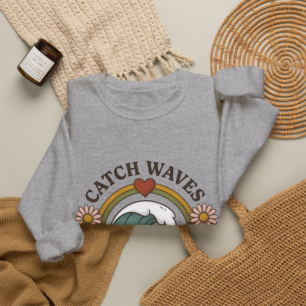 Happy Wave Sweatshirt Sports Beach Gift Women Vintage Sweatshirt Wave Sweatshirt Athlete Fan Surf Graphic Sweatshirt Hand Drawn Wildflowers Sweatshirt
