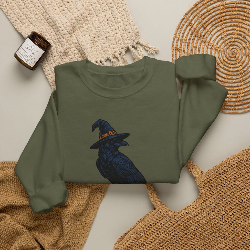 Raven Wizard Hat Sweatshirt Halloween Horror Gift Women Antique Sweatshirt Witch Hat Sweatshirt Spooky Fan Occult Sweatshirt Horror Graphic Ink Fortune Ball